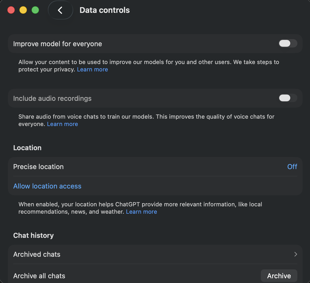 ChatGPT Data controls, showing the Improve model for everyone toggle turned off