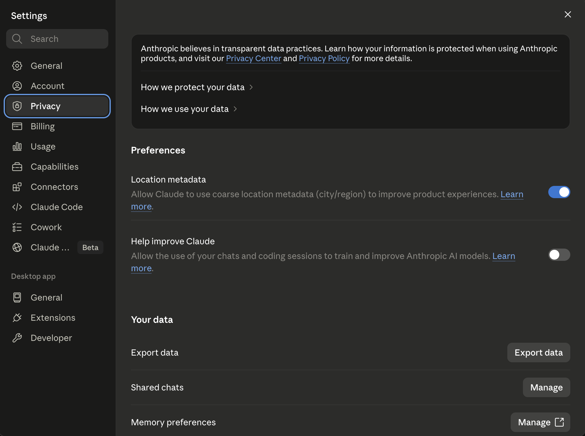 Claude settings on the Privacy tab, showing the Help improve Claude toggle