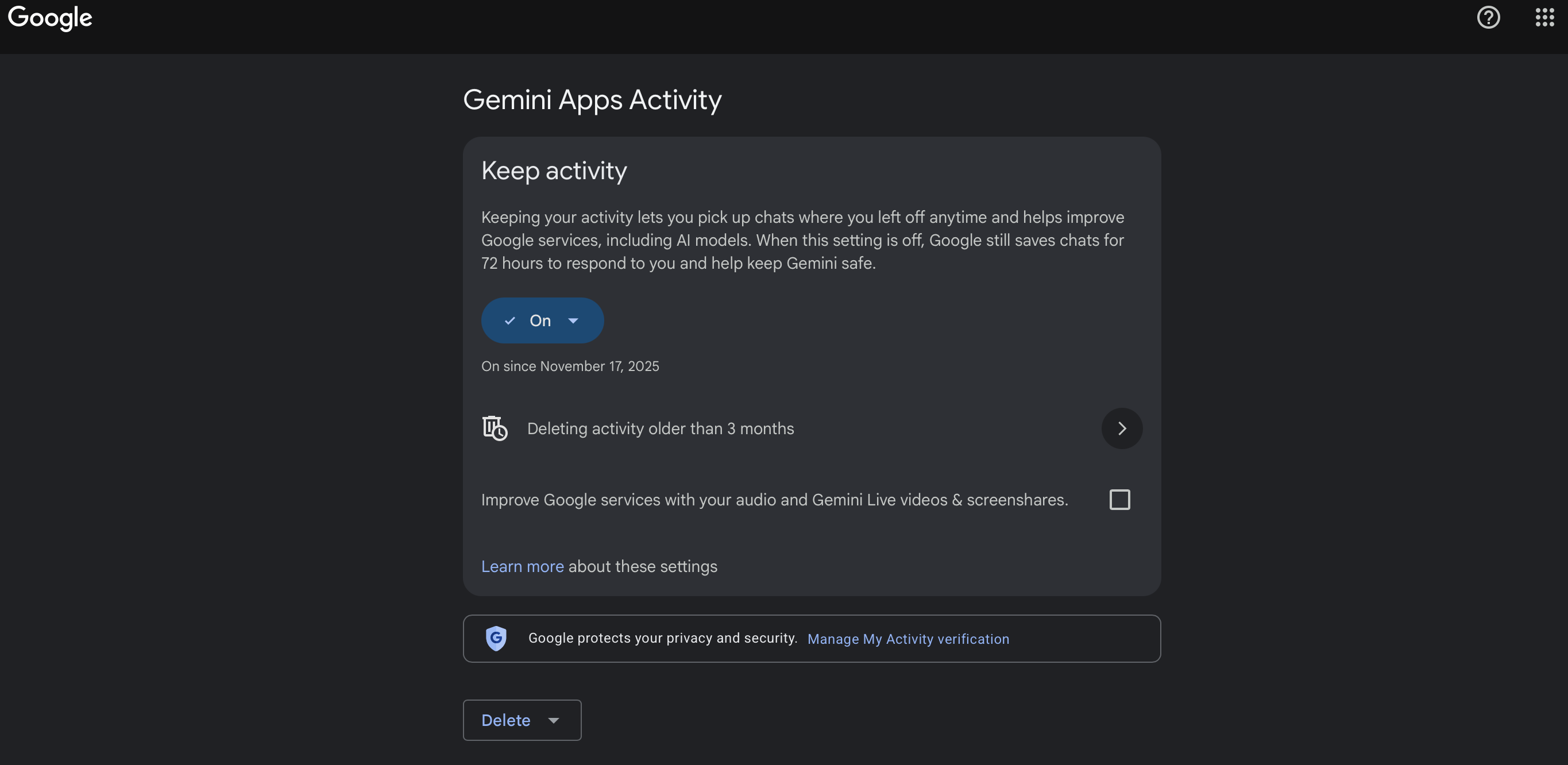 Gemini Apps Activity page showing the Keep activity control