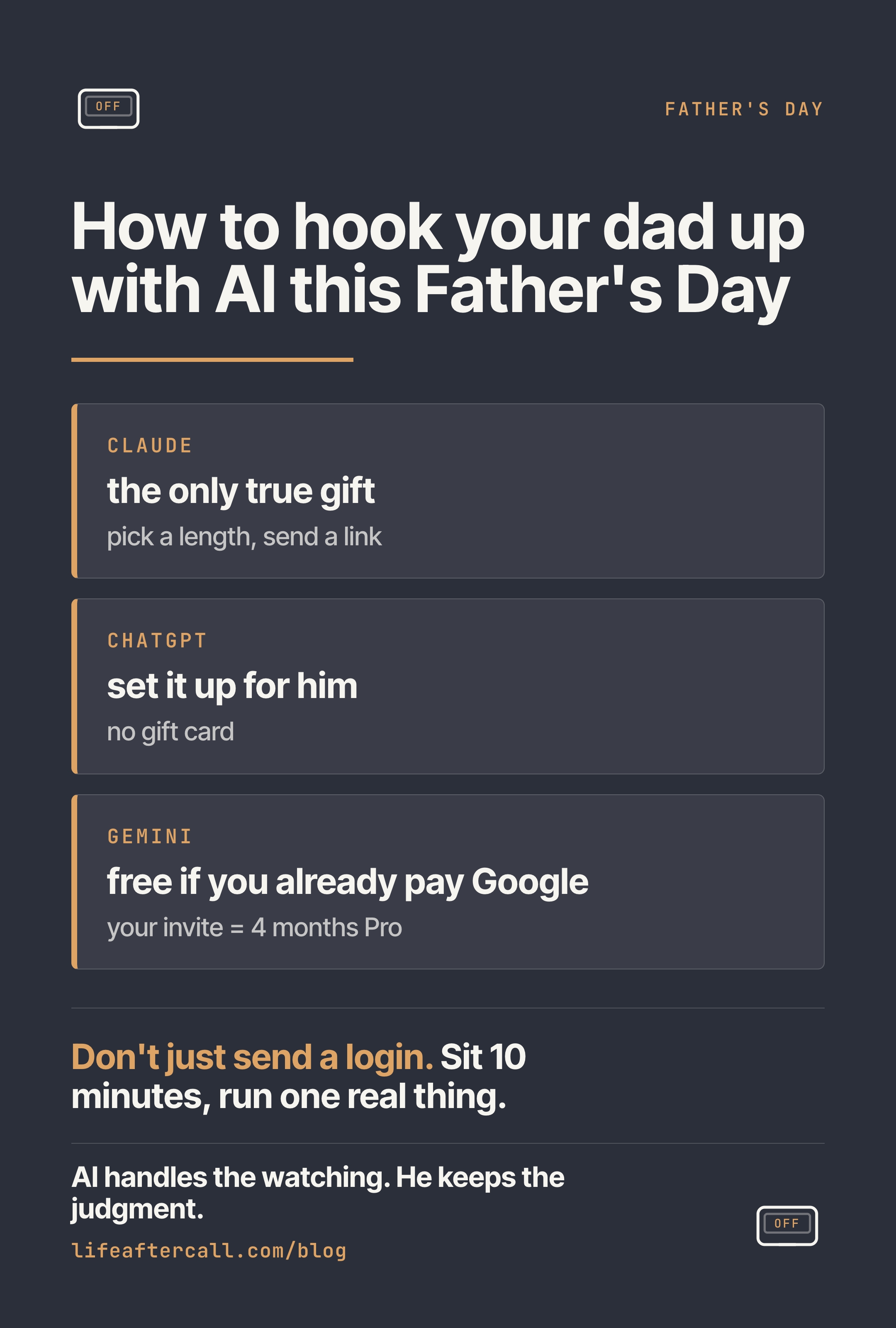 How to hook your dad up with AI this Father's Day: Claude is the only one you can truly gift, ChatGPT you set up for him, and Gemini is free if you already pay for Google.