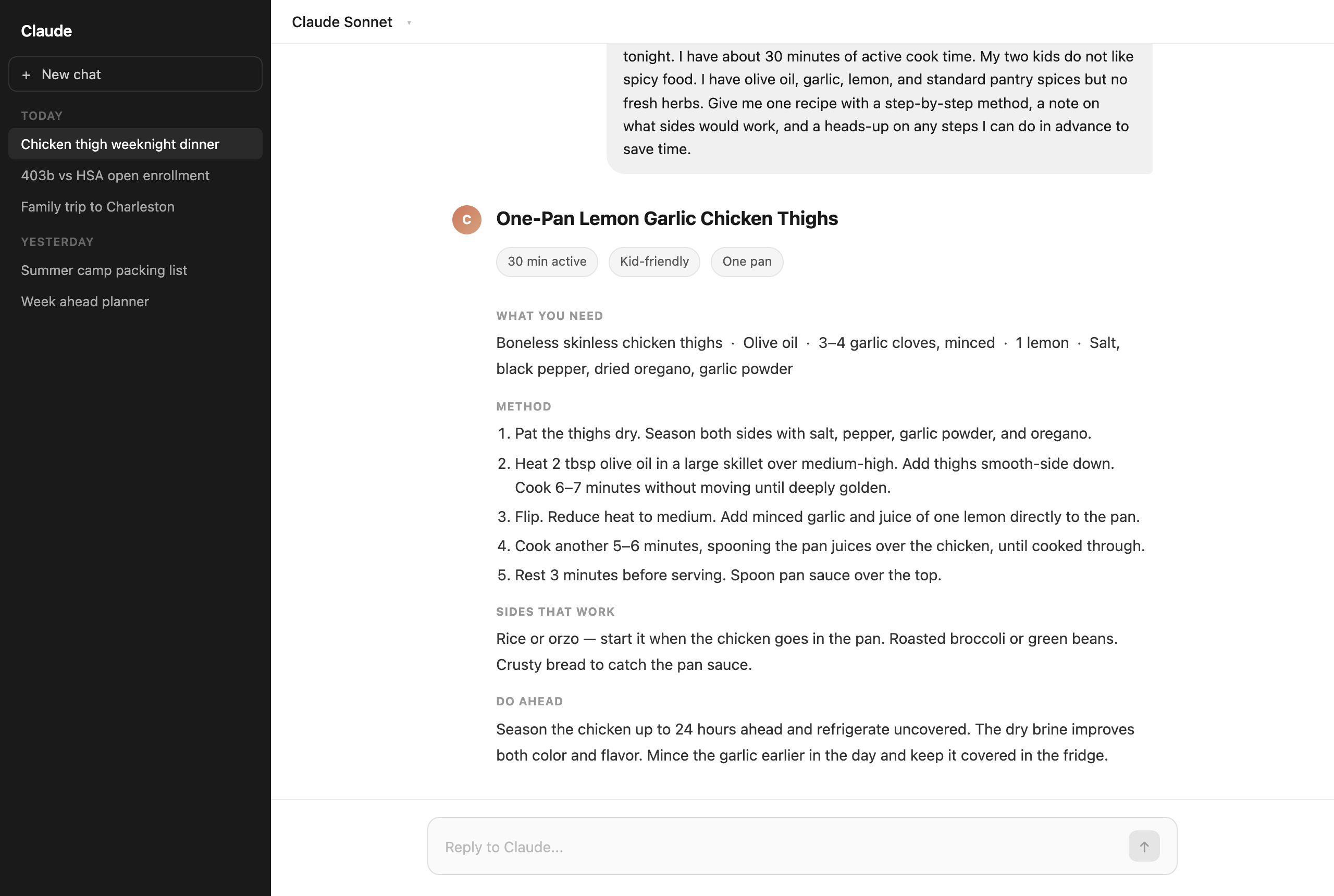 A detailed, contextualized prompt returns a complete one-pan recipe with ingredients, step-by-step method, side suggestions, and do-ahead tips — exactly what was asked for