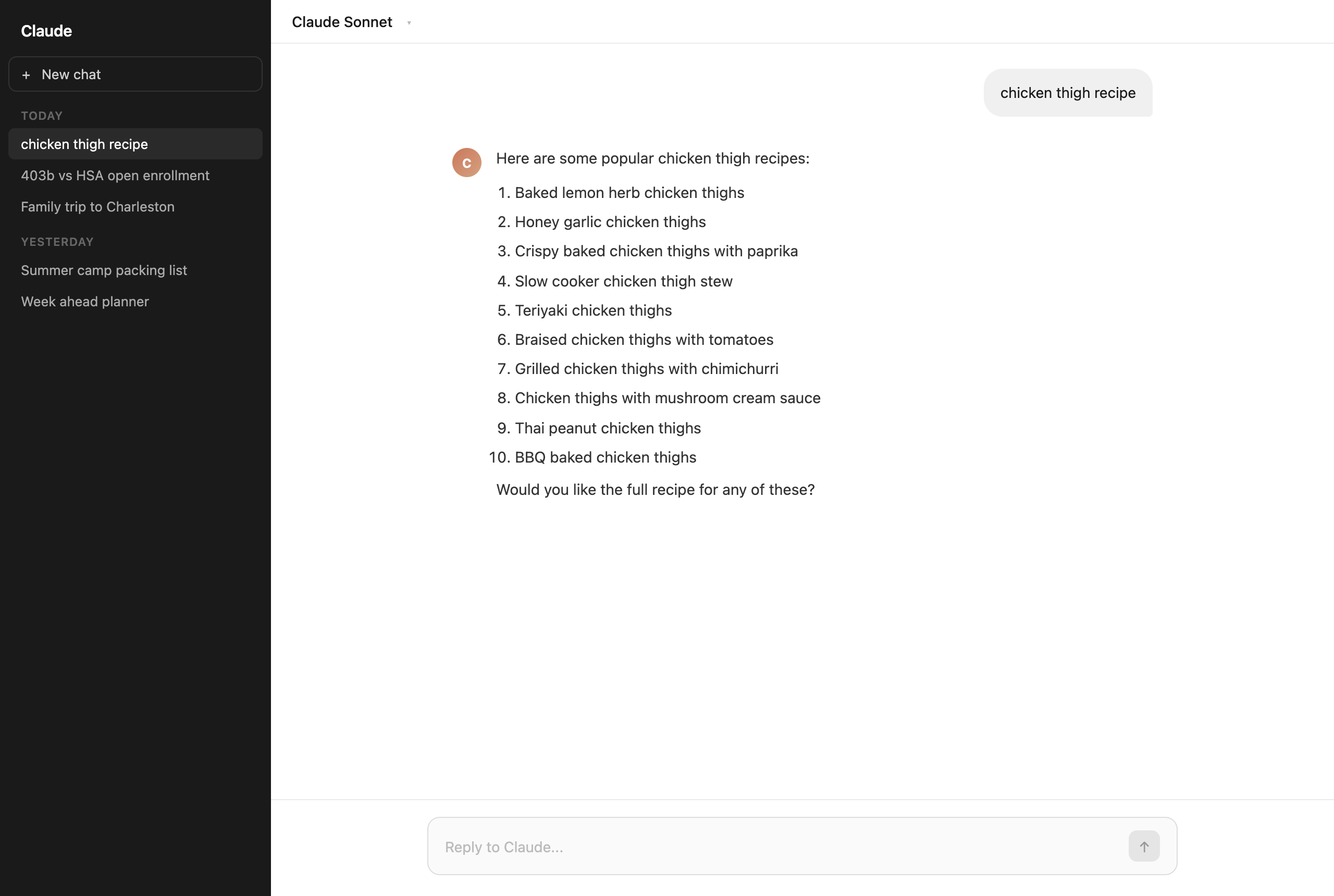 A short "chicken thigh recipe" prompt returns a generic numbered list of ten recipe names with no useful context